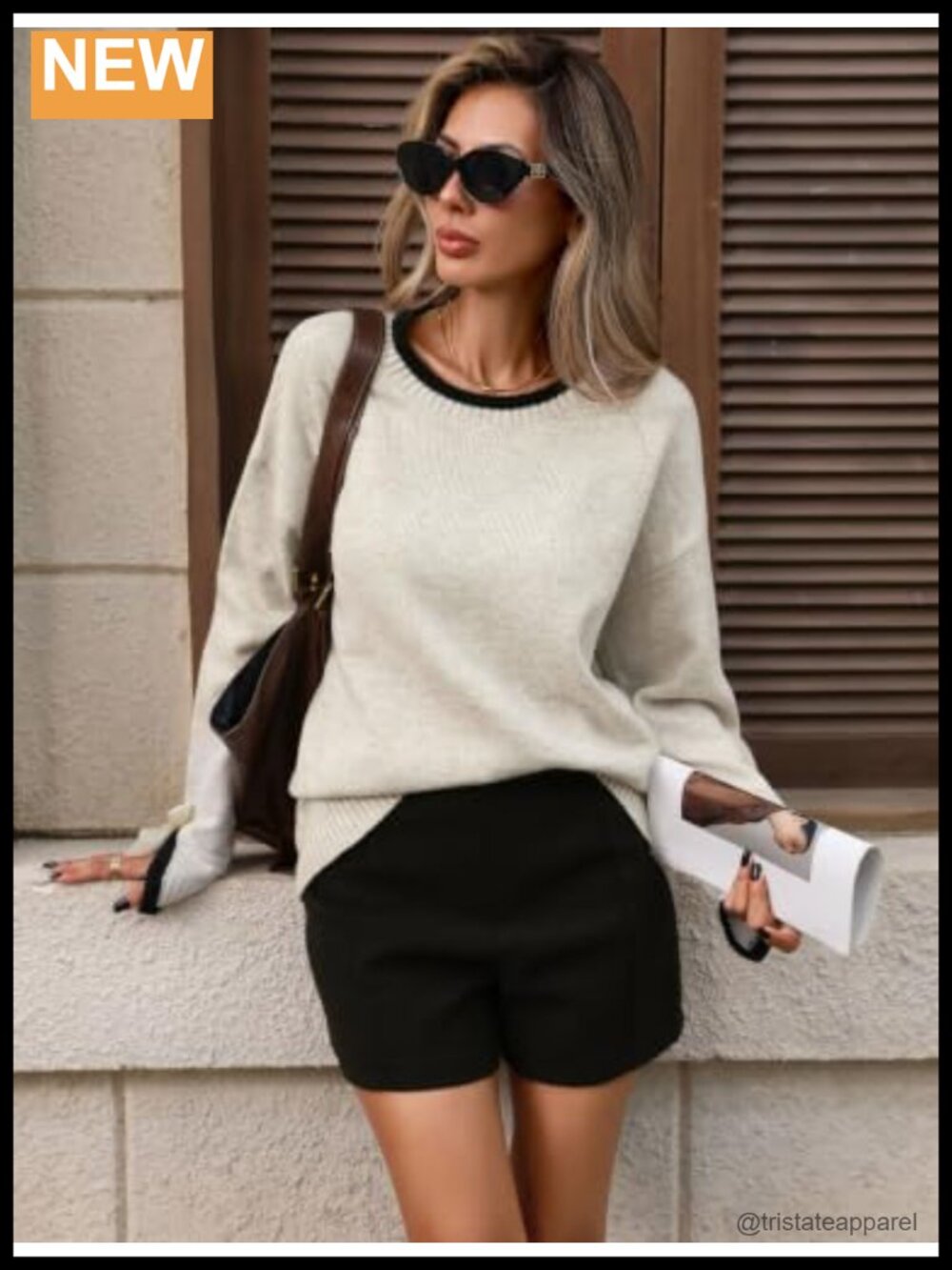 Oversized Knit Pullover Sweater Bow Slit Cuff Drop Shoulder Crew Neck - Picture 3 of 5